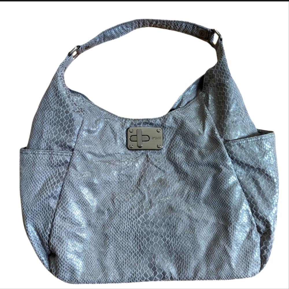 Kenneth Cole Reaction Soft Structure Gray Metallic Snakeskin Boho Hobo Bag